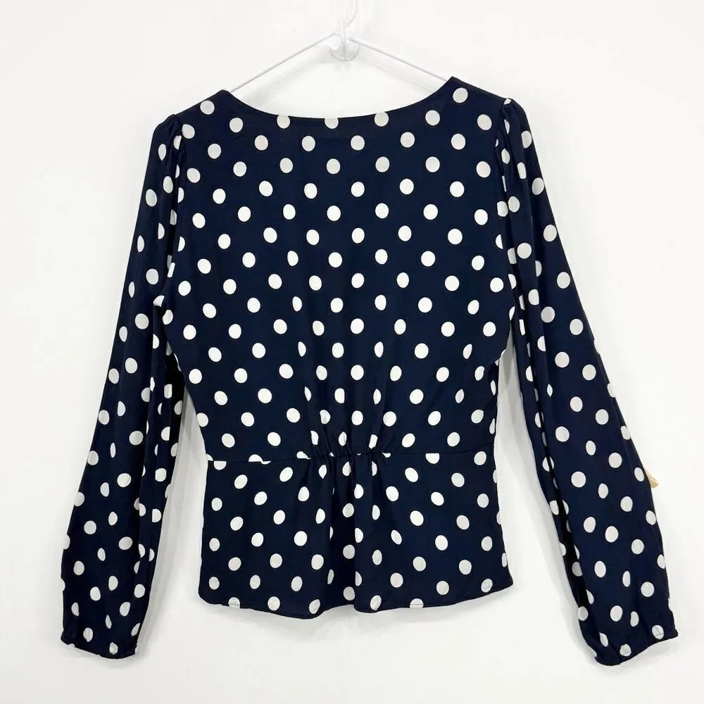 J. Crew Navy Blue White Polka Dot Crepe V Neck Button Front Peplum Blouse